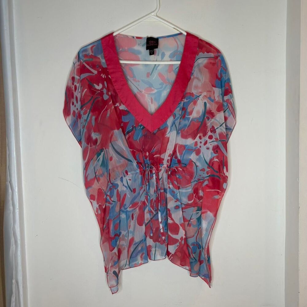 Bebe Poncho Sheer Flowy Top Sz Medium Floral Waist Cinch Coral Blue Y2K Beachy